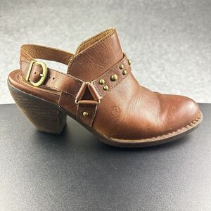 Born Pindo Slingback Harness Mule Clog Women 9 Brown Leather Studded Heeled Boot